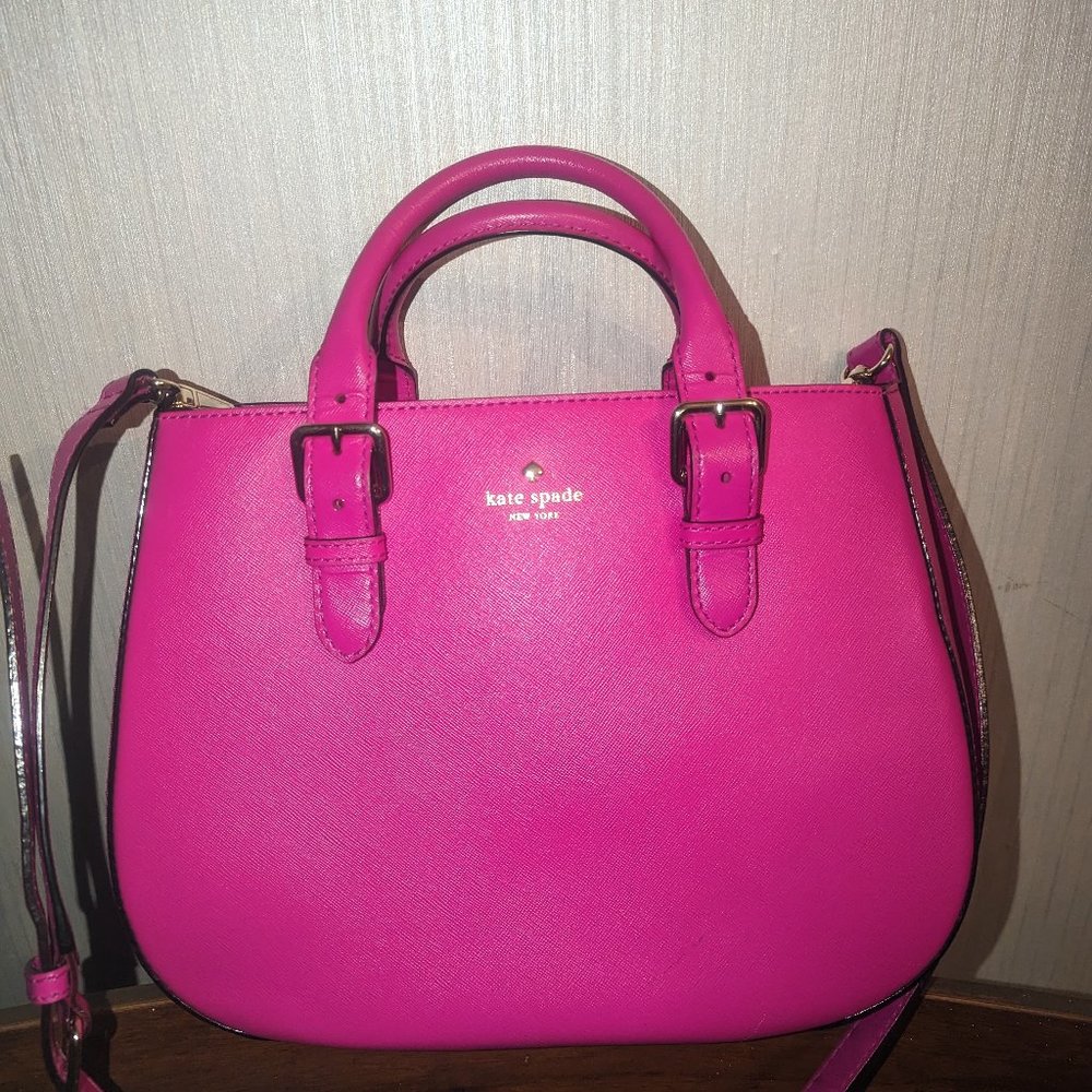 Kate Spade Bright Fushia Saffiano Leather Tote Bag with top handle and crossbody